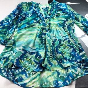 Chico's Blue Green Tie Dye Print  Blouse